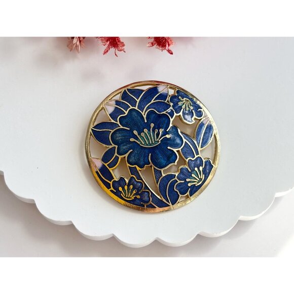 Blue Cloissone Floral Circular Gold Toned XL 90's Vintage Lapel Brooch Pin - Picture 9 of 9